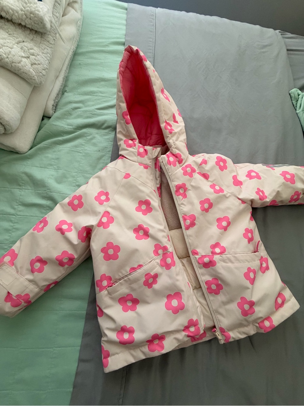 Zara Pink Floral Hooded Puffer Jacket on Cream